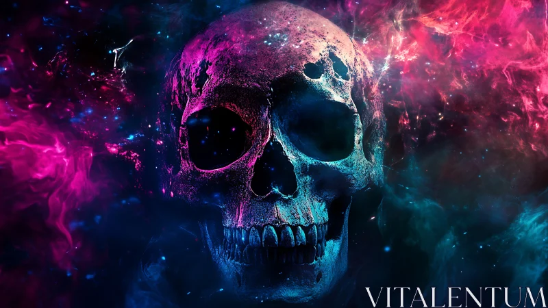 Cosmic skull drifts through neon nebulae, grinning quietly