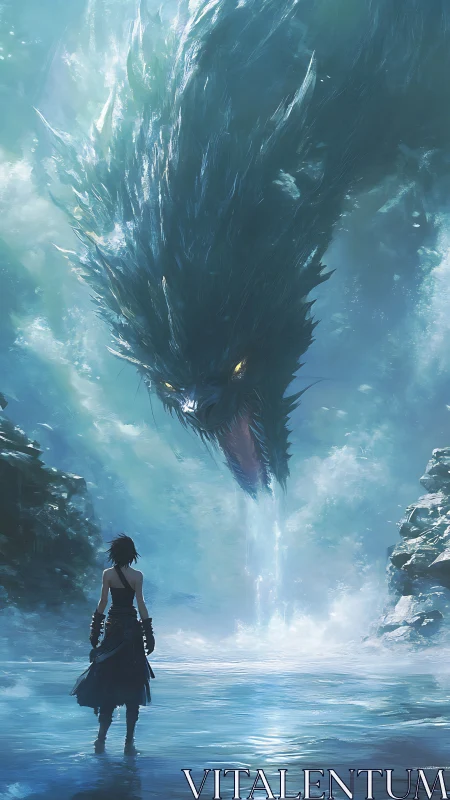 Lone warrior confronts colossal water dragon beneath icy sky.