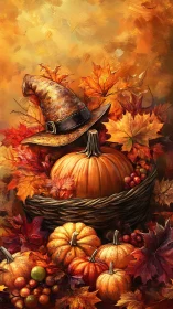 Enchanted autumn harvest with pumpkins and a wandering hat.
