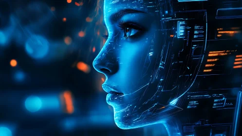 Cybernetic female profile in luminous blue interface construct.