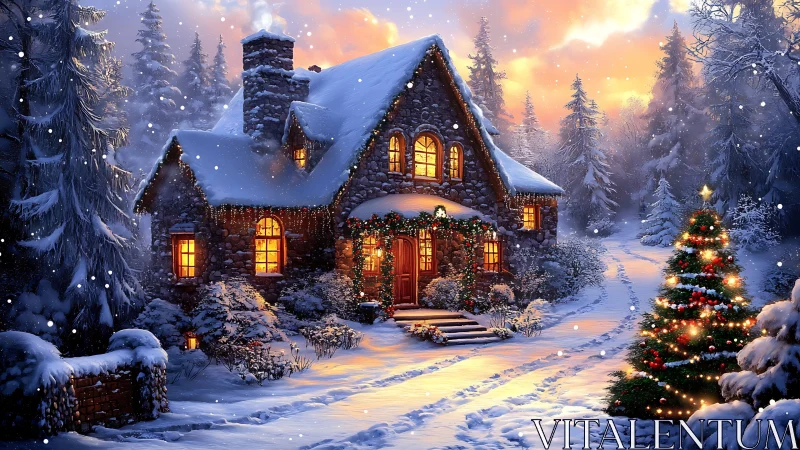 Snowlit stone cottage glows with enchanted Christmas warmth.
