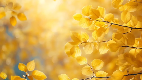 Golden Autumn Leaves on Tree Branches in Soft Sunlight.