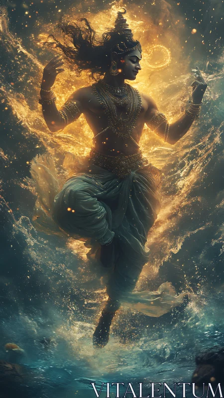 Celestial water dancer rising through molten starlight tides.