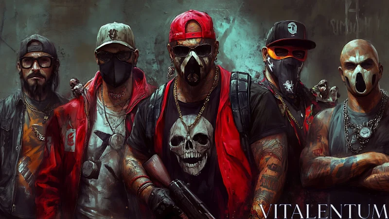 Masked urban group in red and black streetwear formation.