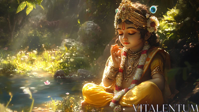 Gentle child deity resting by a golden forest stream.