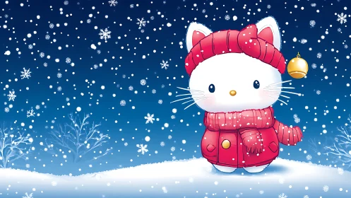 Cartoon winter cat stands in snowfall wearing red clothes