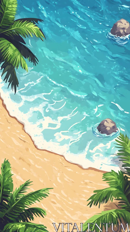 Aerial Coastal Scene: Turquoise Waters, Sandy Beach with Tropical Fronds