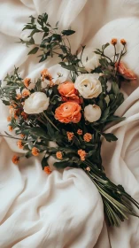 Cream and Coral Floral Arrangement on Silk Textile.