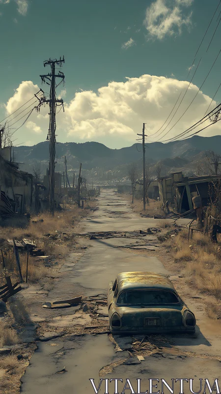 Deserted post-apocalyptic roadway receding toward distant hills