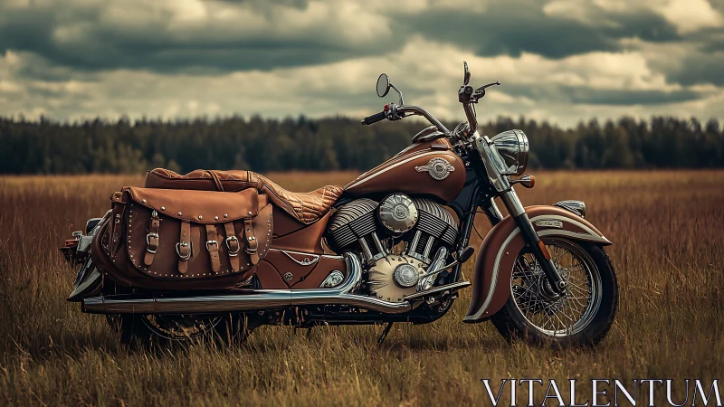 Vintage cruiser motorcycle rests in tall windswept meadow