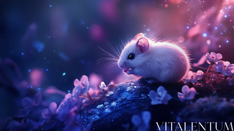 Luminescent white mouse on floral forest rock at dusk.