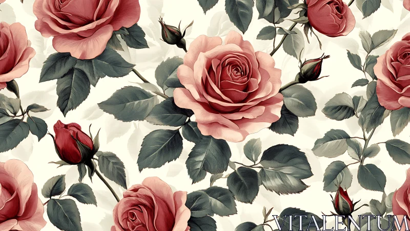 Botanical Rose Pattern With Layered Petals and Foliage.