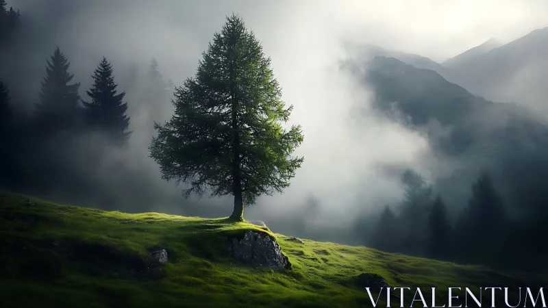 Solitary conifer on misty hillside in diffuse morning light.