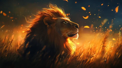 Lion sits in backlit field under scattered glowing particles