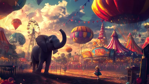Elephant and hot air balloons in illuminated carnival scene.