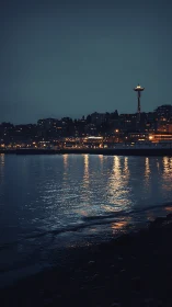 Seattle Skyline at Dusk with Space Needle Illuminated Over Water