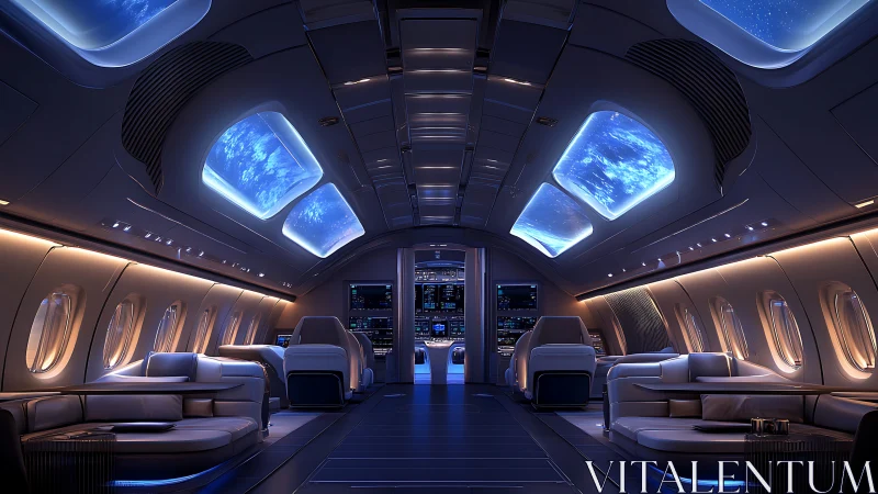 Futuristic starliner lounge with panoramic starlit skylights.