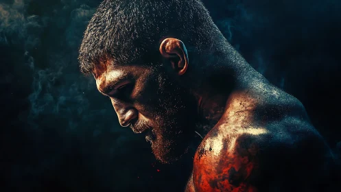 Battle-scarred fighter lowers head in dramatic profile light