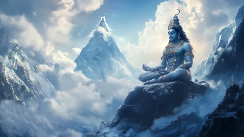 Meditating blue deity on snowy mountain peak.