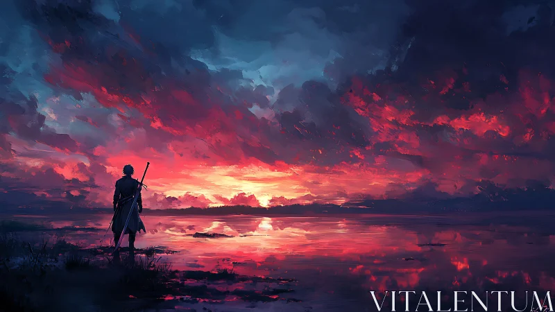 Lone swordsman contemplates a blazing crimson horizon at dusk.