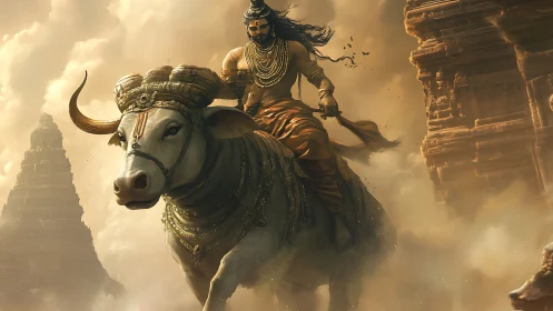 Mythic warrior riding sacred bull amid drifting temple dust