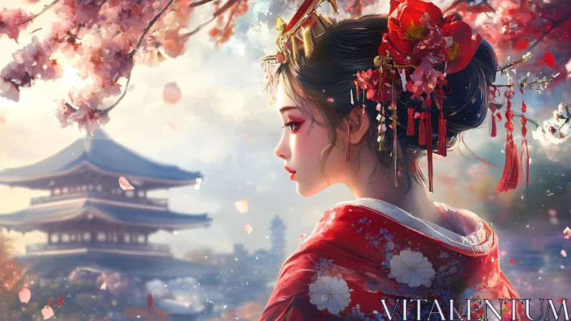 Blossom-draped geisha dreams beside a misty temple dawn.