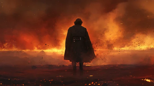 Cloaked Figure Against Infernal Landscape.