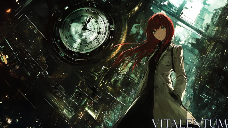 Red‑haired scientist defies time beneath a colossal clock