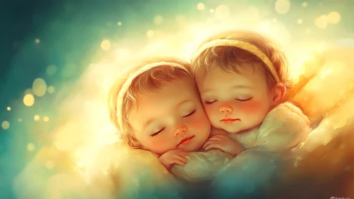 Sleeping Twin Babies With Golden Halos in Ethereal Light.