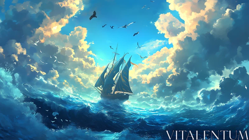 Sunlit clipper navigates turbulent ocean under towering clouds