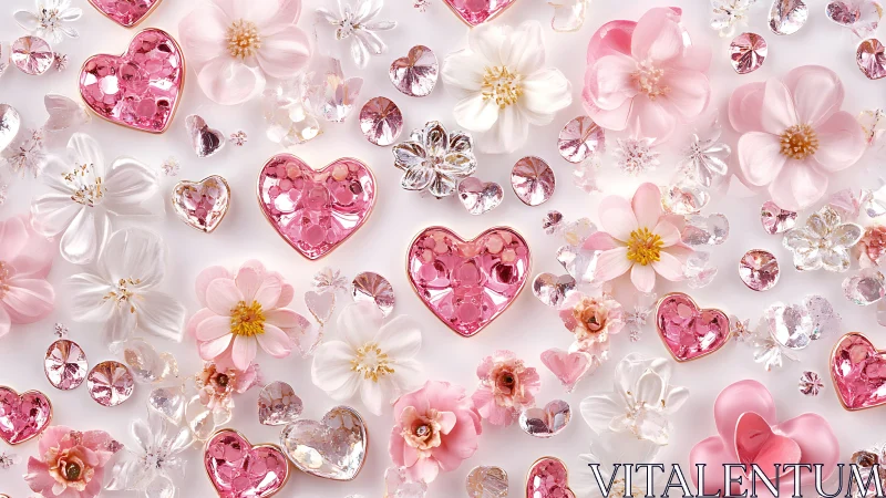 Shimmering pink crystal hearts amid delicate floral bloom.