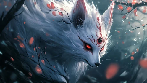 Three-eyed spirit fox with glowing red sigils in misty grove