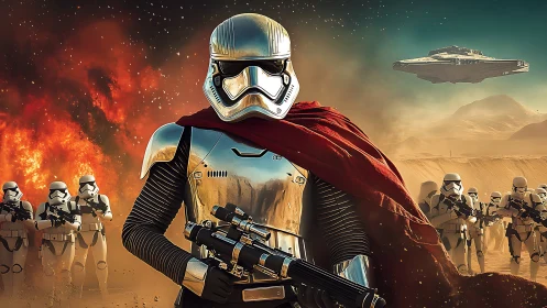Armored space commander leads stormtroopers across desert warzone.