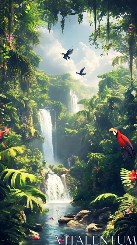 Tropical waterfall valley with parrots and dense jungle.