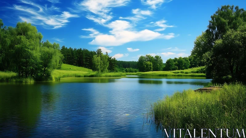 Lush lakeside landscape glows under vivid blue summer sky.