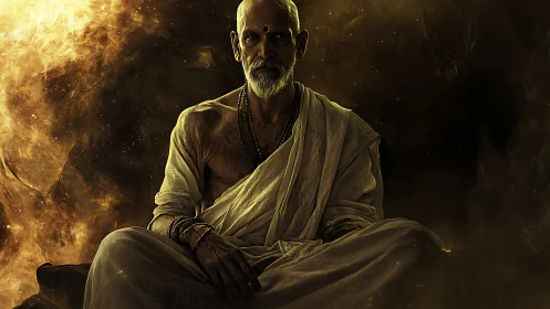 Mystic elder sits in golden cosmic dust-lit darkness.