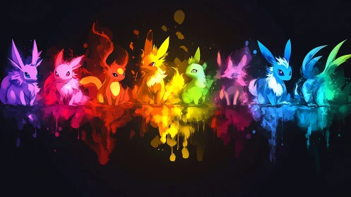 Row of stylized foxlike figures rendered in spectral color band