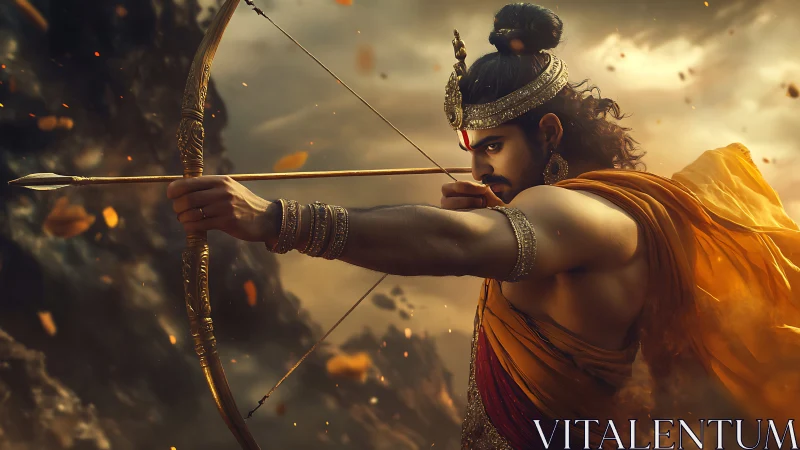 Warrior archer in golden robes drawing ornate bow under storm.