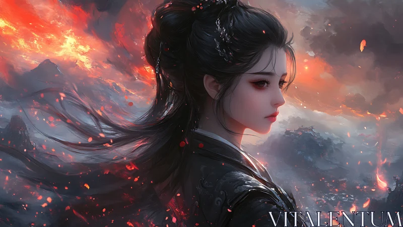 Stormlit warrior gazes over burning mountains at dusk