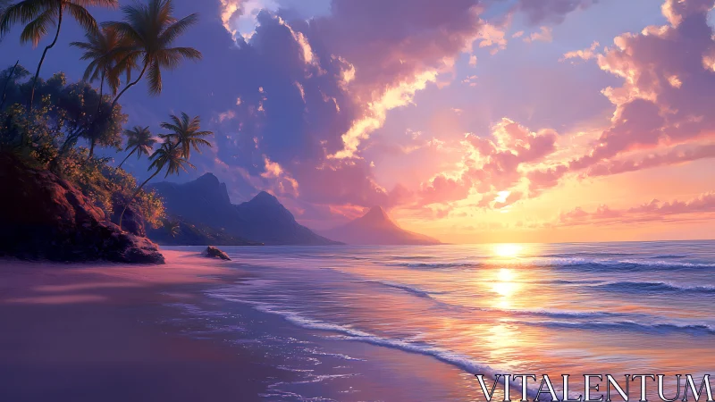 Lavender tides kiss a dreaming tropical mountain horizon.