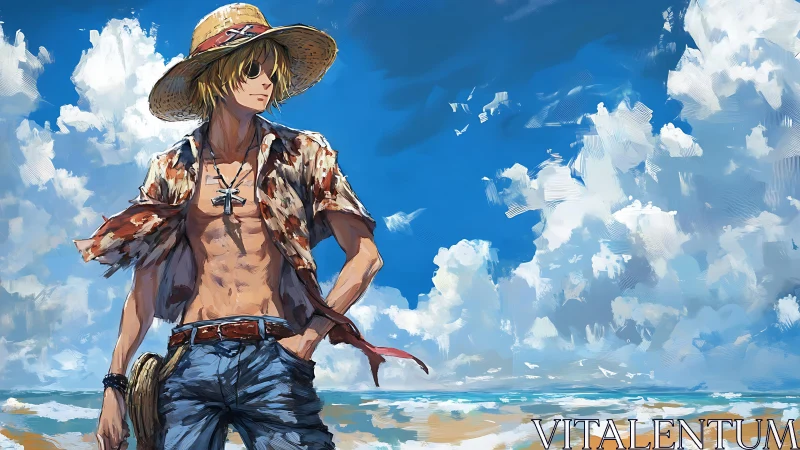 Straw-hatted drifter gazes over a windswept summer shore.