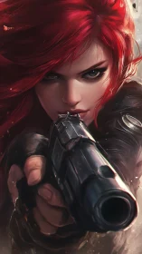 Fearless red haired heroine holds her aim with calm focus