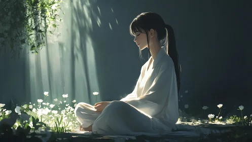 Girl in white robe meditating in soft forest light.