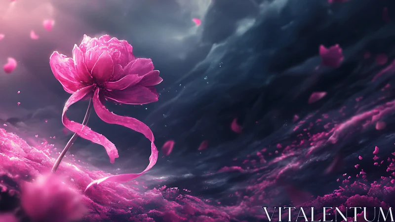 Crimson Peony Blooming Against Tempestuous Sky.