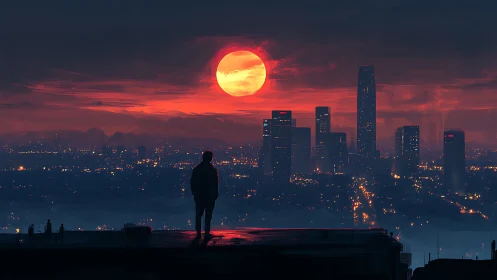 Quiet rooftop sunset over a dreaming neon city skyline.