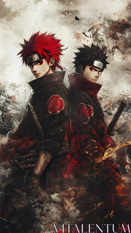 Dual ninja warriors in back-to-back stance, dynamic ink splatter