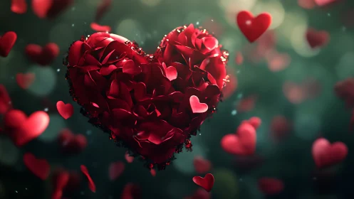 Large Red Heart with Rose Petals and Bokeh Effects.