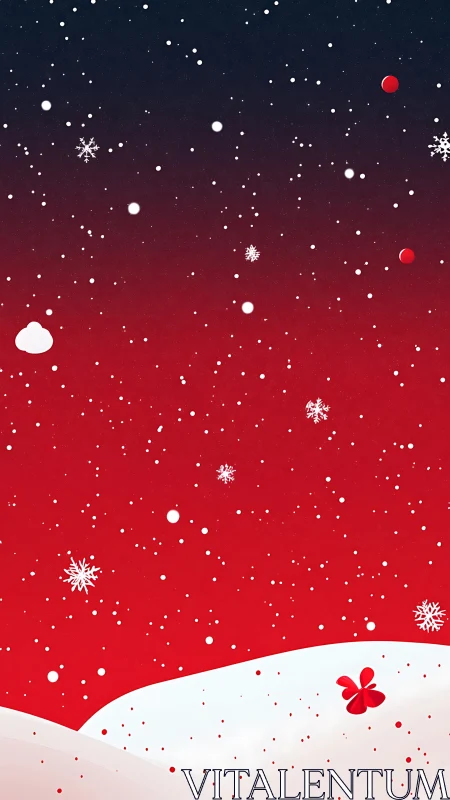 Minimal winter landscape shows snowfall over red gradient sky