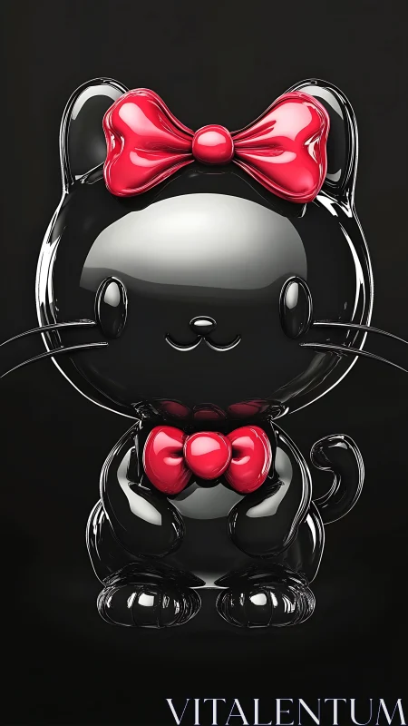High-gloss black feline figurine with red bow specularity.