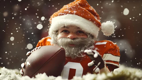 Child in Santa football uniform holds ball amid snowfall